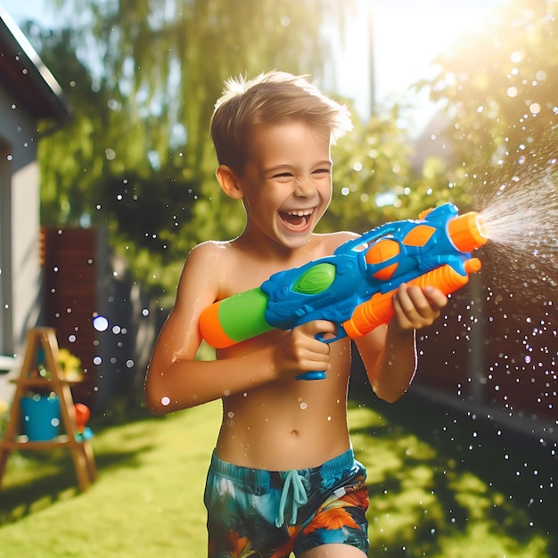 Фото Мальчик с игрушечным пистолетом, на котором написано 