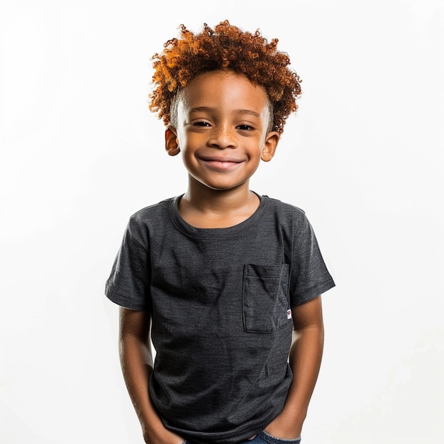 Фото Мальчик с красными волосами в черной рубашке с черным рисунком спереди