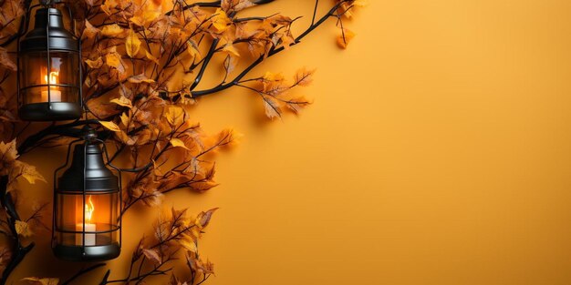 Фото Филиал осенних листьев на желтом фоне.