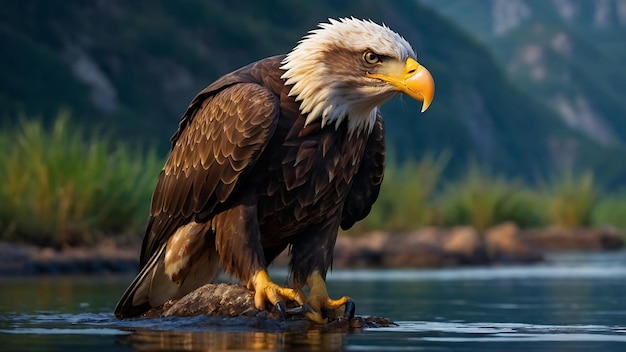 Фото Смелый орел стоит на скале в воде.