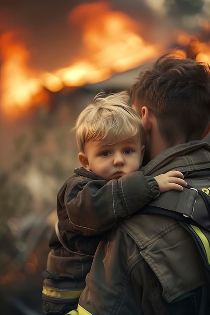 Фото Храбрый пожарный спас маленького мальчика из горящего дома
