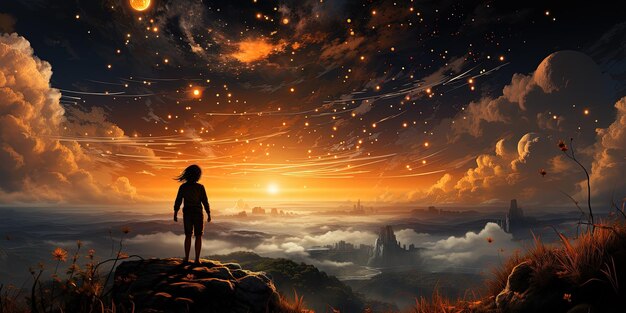 Фото Смелая девушка стоит на вершине холма и смотрит на падающие звезды.