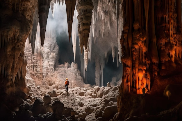 Фото Отважный спелеолог исследует глубины потрясающей пещеры, украшенной замысловатыми сталактитами и сталагмитами генеративный ии