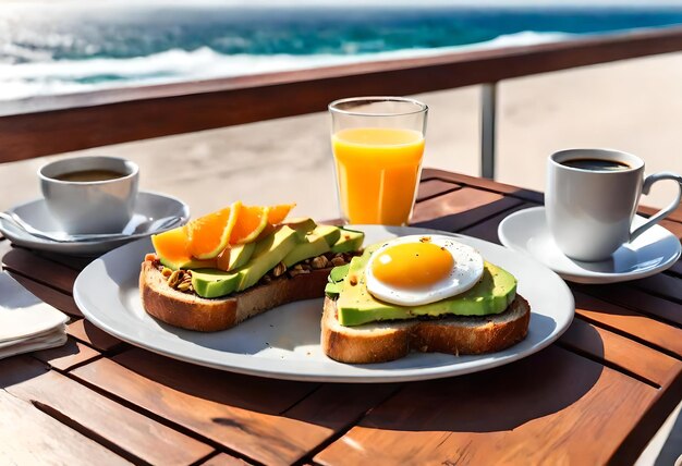写真 卵アボカドオレンジジュースの朝食がテーブルに