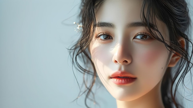 写真 完璧な透明感のある肌を持つ息を呑むような黒髪の韓国人女性 generative ai