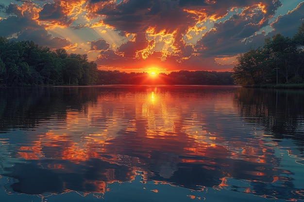 写真 静かな湖の上で息を吸うような夕暮れが暖かい色彩を空に投げかけています