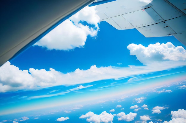 写真 鮮やかな青空に浮かぶ白いふわふわの雲を窓から見ると、息を呑むような景色が広がります。