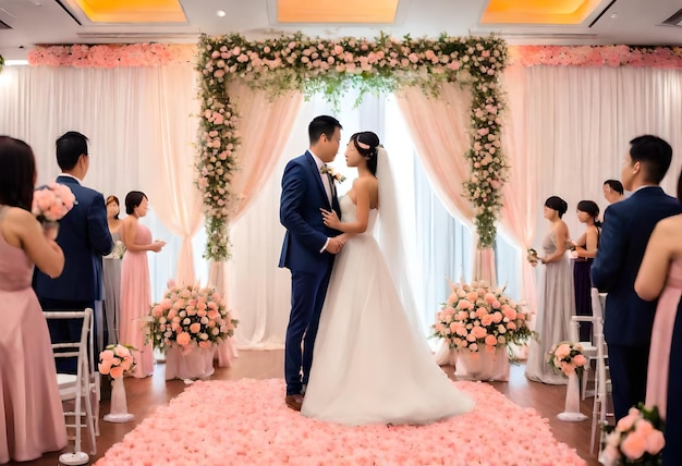 Фото Невеста и жених целуются перед свадебным тортом