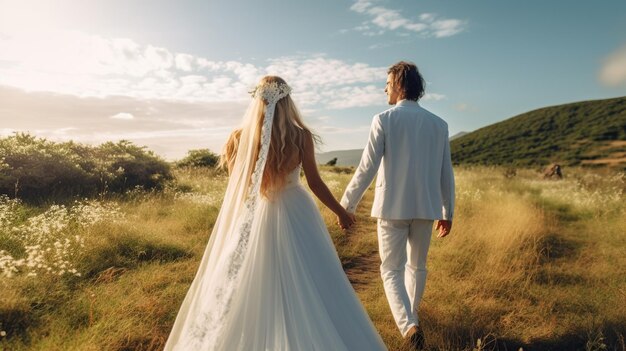 写真 花嫁と花婿が手をつないで写真を撮る