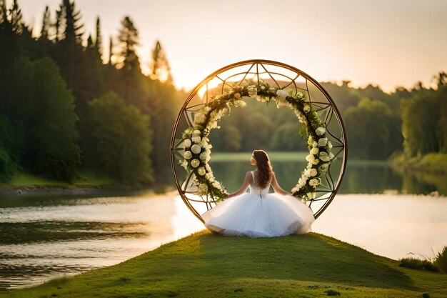 写真 花嫁は美しい夕日を背に大きな円卓に座っています。