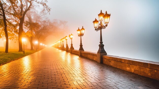 写真 霧の中のストリートランプの橋