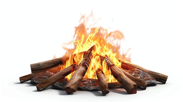 Фото Яркий костер горит на белом фоне. огонь окружен кругом камней, и из огня поднимаются пламя.