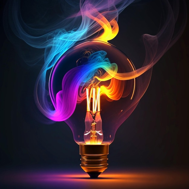 Фото Яркий лампочка лампочка с вихром красочный дым на темном внизу