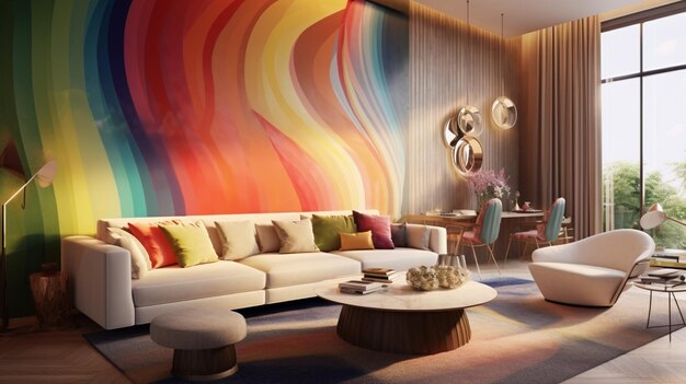 写真 ソファとコーヒー テーブルのあるリビング ルームの明るい色の壁の生成 ai
