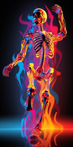写真 背景に炎があるネオンポーズで明るく照らされた骨格