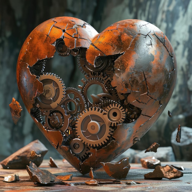 Foto a broken mechanic heart with many gearwheelgear mechanism inside copy space for text advertising