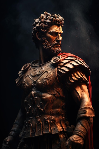 Фото Бронзовая статуя воина в красной накидке.