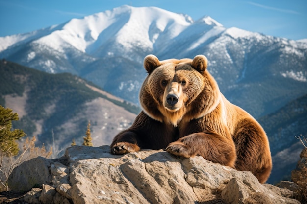 Фото Бурый медведь сидит на вершине камня