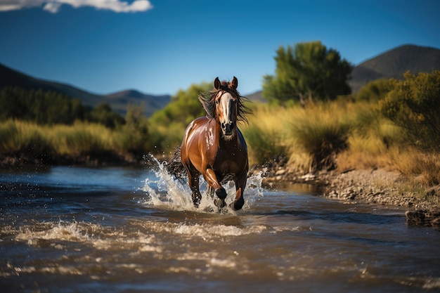 写真 晴れた日に茶色の馬が山の川の水の中を素早く走ります