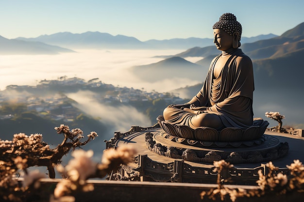 Фото Будда сидит в горах с лотосом и свечами фон для празднования дня весак