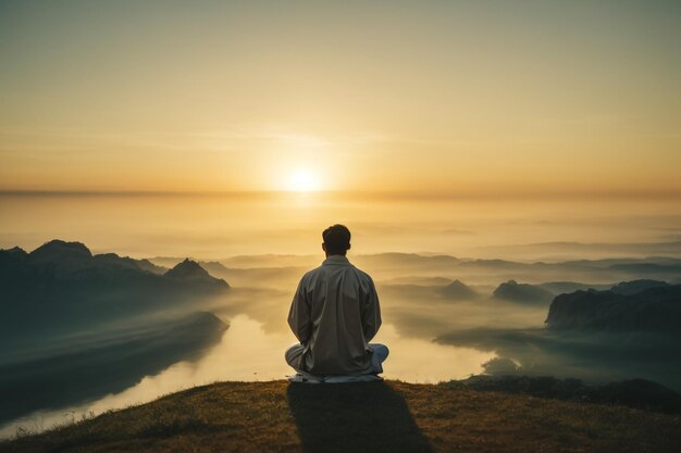 写真 夕暮れの背景に大きな海を描いた仏像