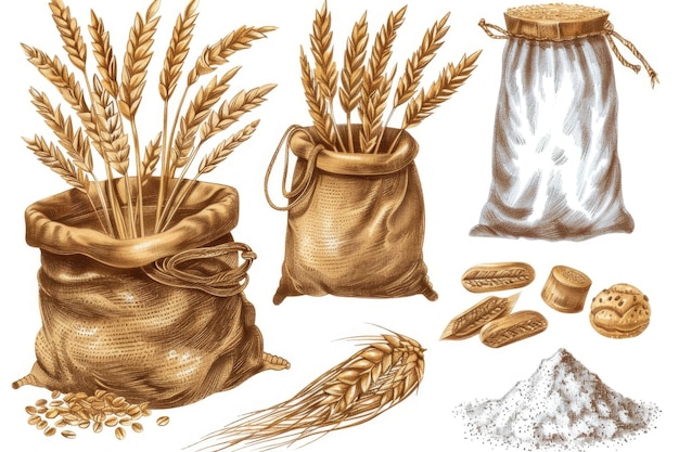 Фото Куча мешков, наполненных пшеницей и зерном, подходящих для концепций сельскохозяйственной и пищевой промышленности