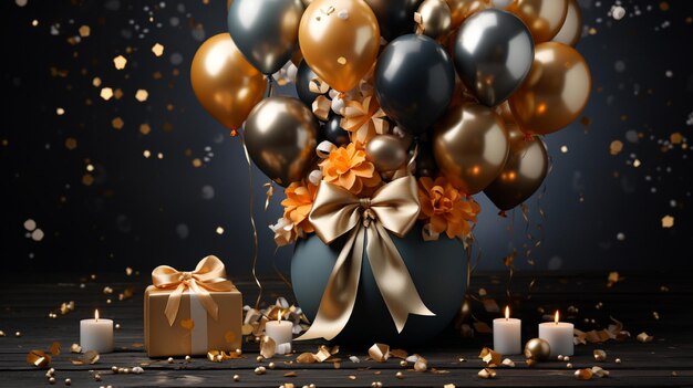Фото Куча воздушных шаров с золотыми и черно-белыми украшениями