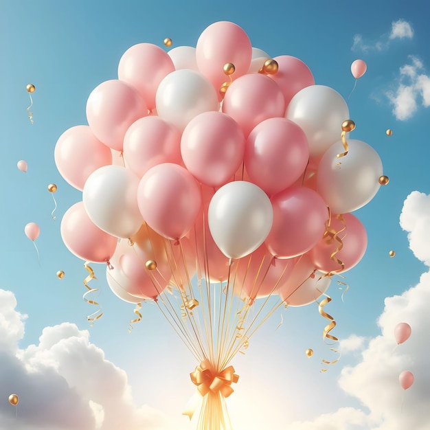 Фото Куча воздушных шаров с золотыми и белыми воздушными шарами в небе