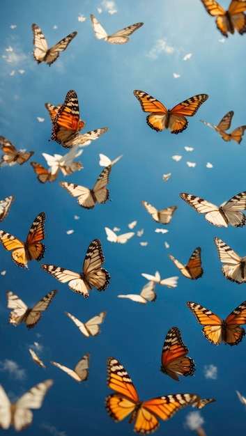 Фото Куча бабочек летит в небе вместе, образуя круг из них