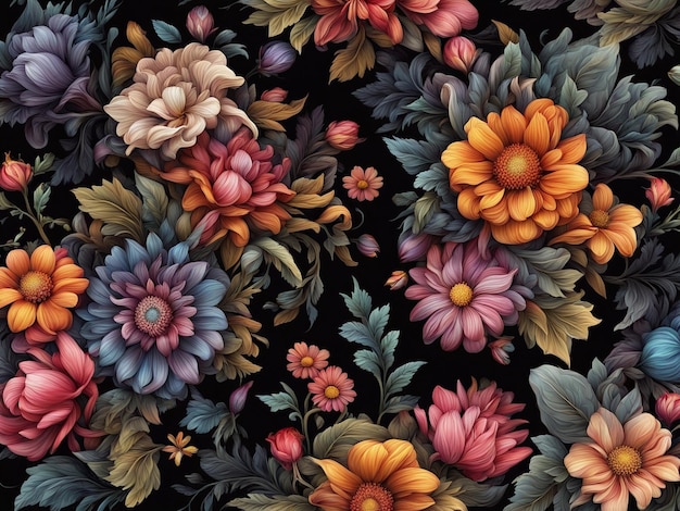 写真 黒の背景にカラフルな花の束暗い花模様の壁紙の複雑な花 d