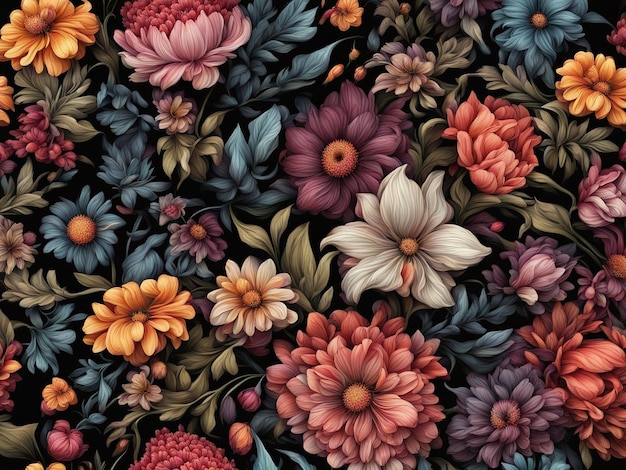 사진 검은색 배경의 다채로운 꽃  ⁇ 어리 어두운 꽃 패턴 벽지 복잡한 꽃 d