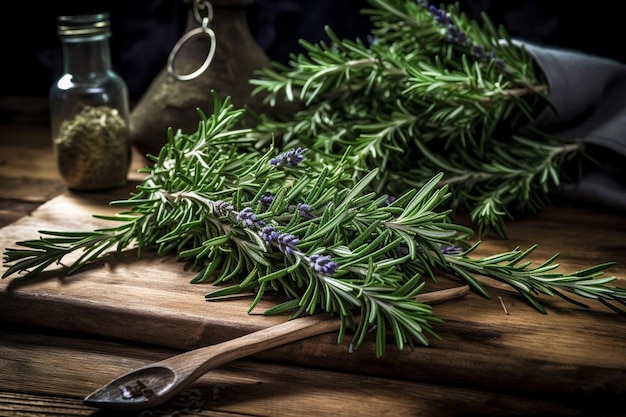 写真 テーブルの上にオリーブオイルのボトルが置かれたラベンダーの花の束。