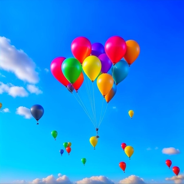 Фото Куча многоцветных воздушных шаров с гелием на фоне голубого неба концепция счастливого дня рождения летом и свадьбы медового месяца