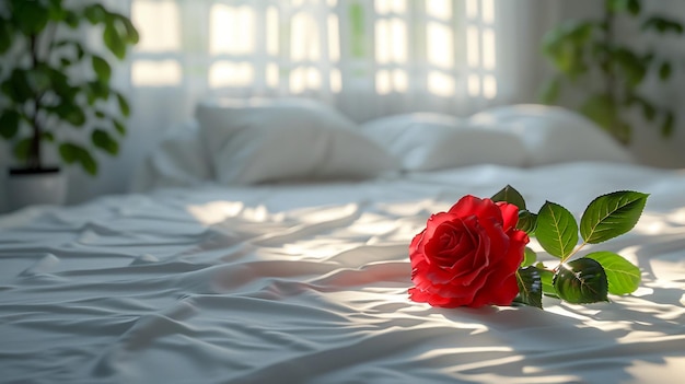 写真 白いクロチェットカーディガンにピンクのバラの束 白い枕 小さな銀のランプと背景の木 驚きのバレンタインデー ベッドの柔らかい色のトーン