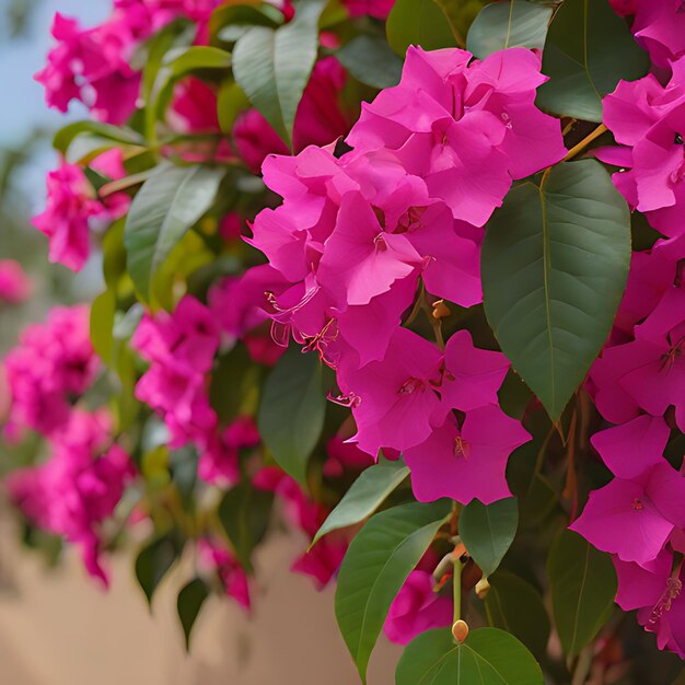 写真 緑の葉とピンクの花を持つ紫の花の束