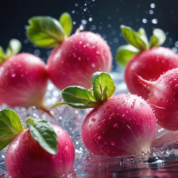 Фото Куча красных яблок в воде с водяными каплями на них и лист на вершине их и f