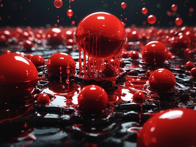 写真 黒い表面の上に浮かんでいる赤いボールの群れ