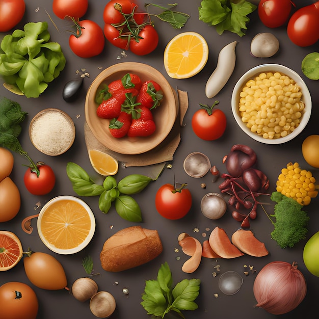 Фото Куча овощей, включая помидоры, сельдерей и миску фруктов