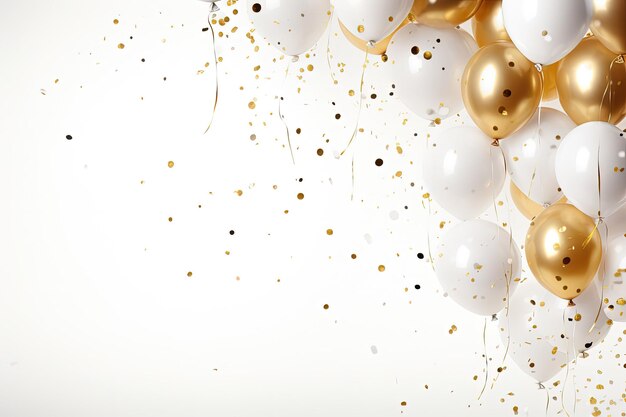 Фото Куча белых и золотых воздушных шаров на белом фоне