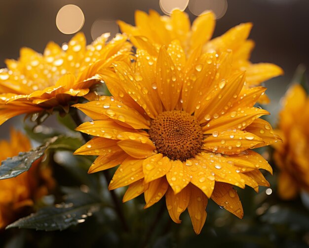 Фото Букет желтых цветов с капельками воды на них