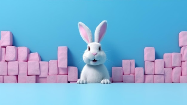 사진 분홍색 사각형으로 파란색 배경 앞의 토끼.