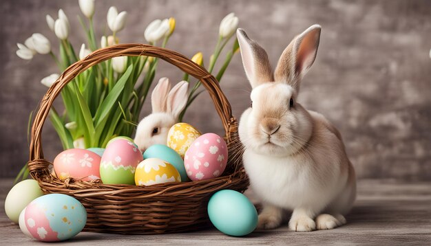 Фото Кролик с корзиной пасхальных яиц и корзиной пасхальных яйц