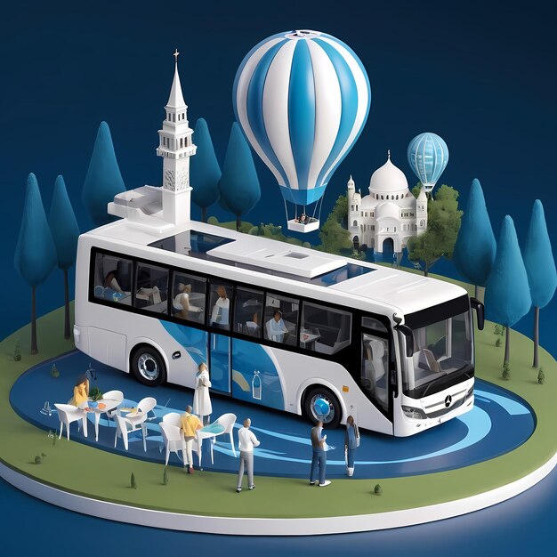 写真 背景に青い風船を掲げた道路に乗っているバス