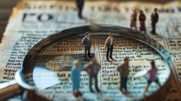 Фото a business recruitment or hiring photo concept candidates pose under a magnifier on an open newspaper