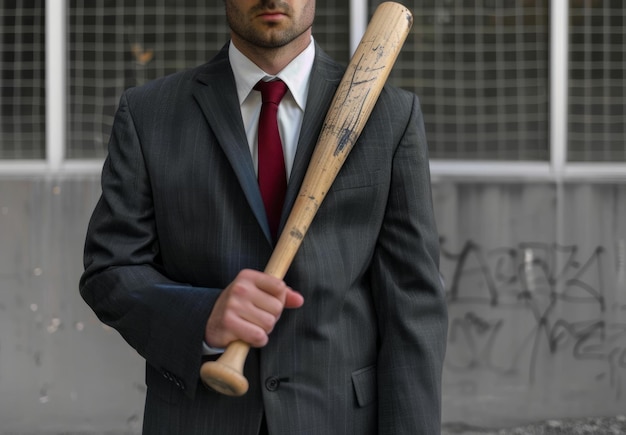 Фото Бизнесмен в костюме, держащий бейсбольную биту.