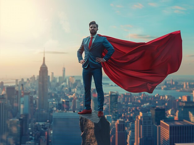 写真 赤いスーパーヒーローのキャップを着たスーツを着たビジネスマン