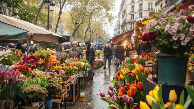 写真 いろいろな色とりどりの花が売られている活気のある花の市場人々が歩き回って花を買っています