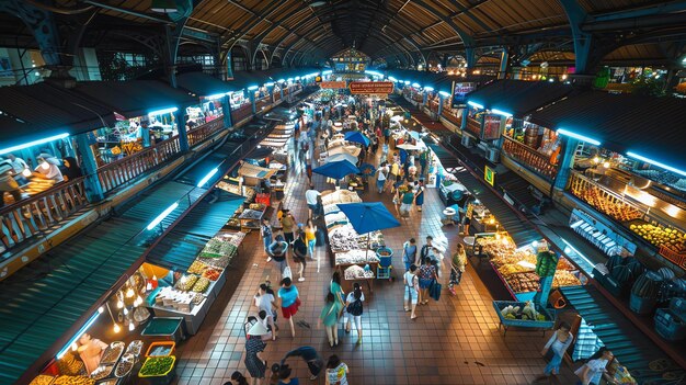 写真 やかな屋内市場で人々が食料品衣類その他の商品を買い物しています市場は色彩と活動に満ちています