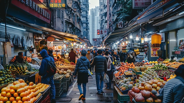 사진 한 아시아 도시 의 비는 시장. 시장 은 다양한 상품 을 사서 팔는 사람 들 로 가득 차 있다.