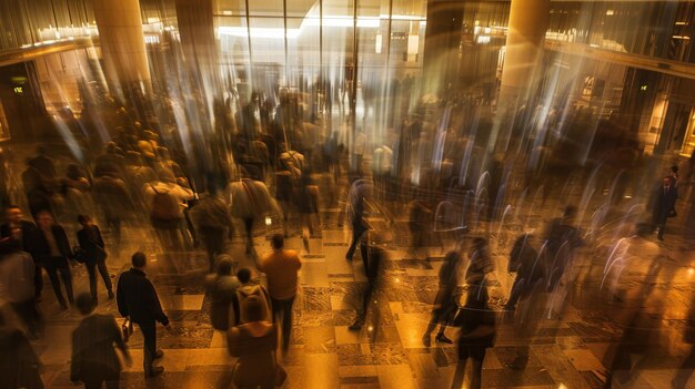 写真 人々が歩き回り荷物を運ぶ忙しい鉄道駅